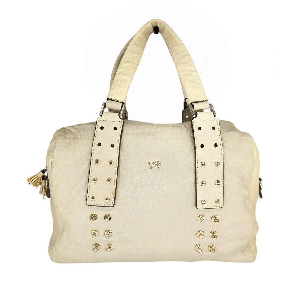 Anya Hindmarch Mini Boston Bag White Cream Gold Studded Top Handle Leather